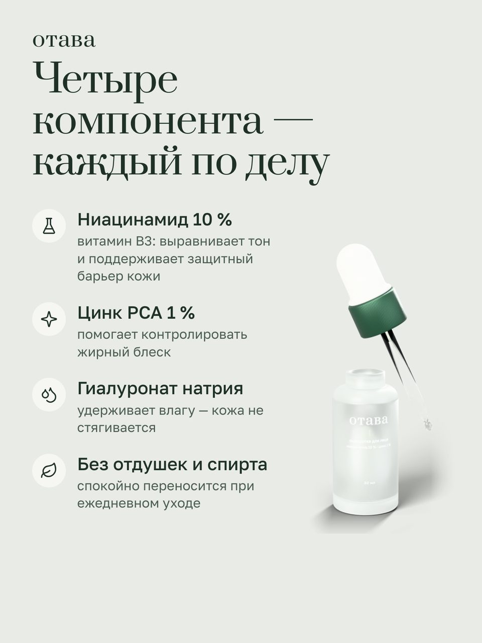 Слайд инфографики «Состав» для товара «Сыворотка для лица с ниацинамидом 10 % и цинком 1 %, 30 мл». Отвечает на вопрос покупателя: Что в составе?
