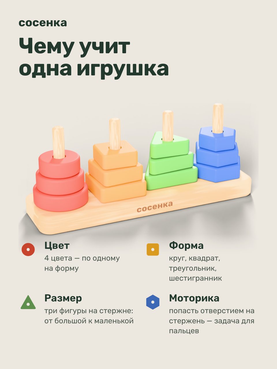 Слайд инфографики «Чему учит» для товара «Сортер-пирамидка деревянный «Четыре формы», 12 фигур, от 1,5 лет». Отвечает на вопрос покупателя: Чему научит?