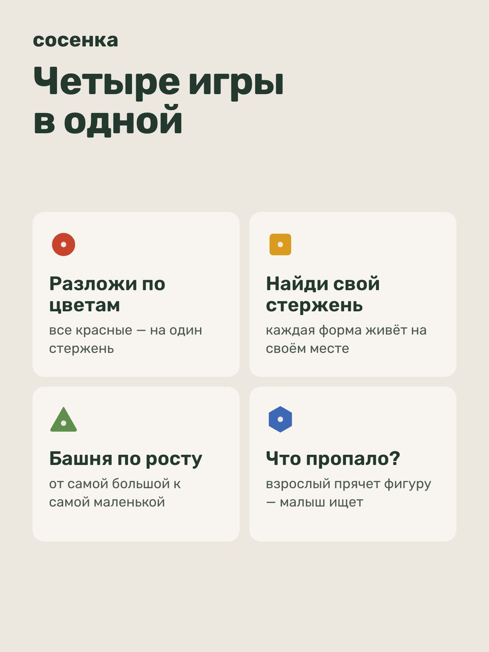 Слайд инфографики «Игры» для товара «Сортер-пирамидка деревянный «Четыре формы», 12 фигур, от 1,5 лет». Отвечает на вопрос покупателя: Как играть?