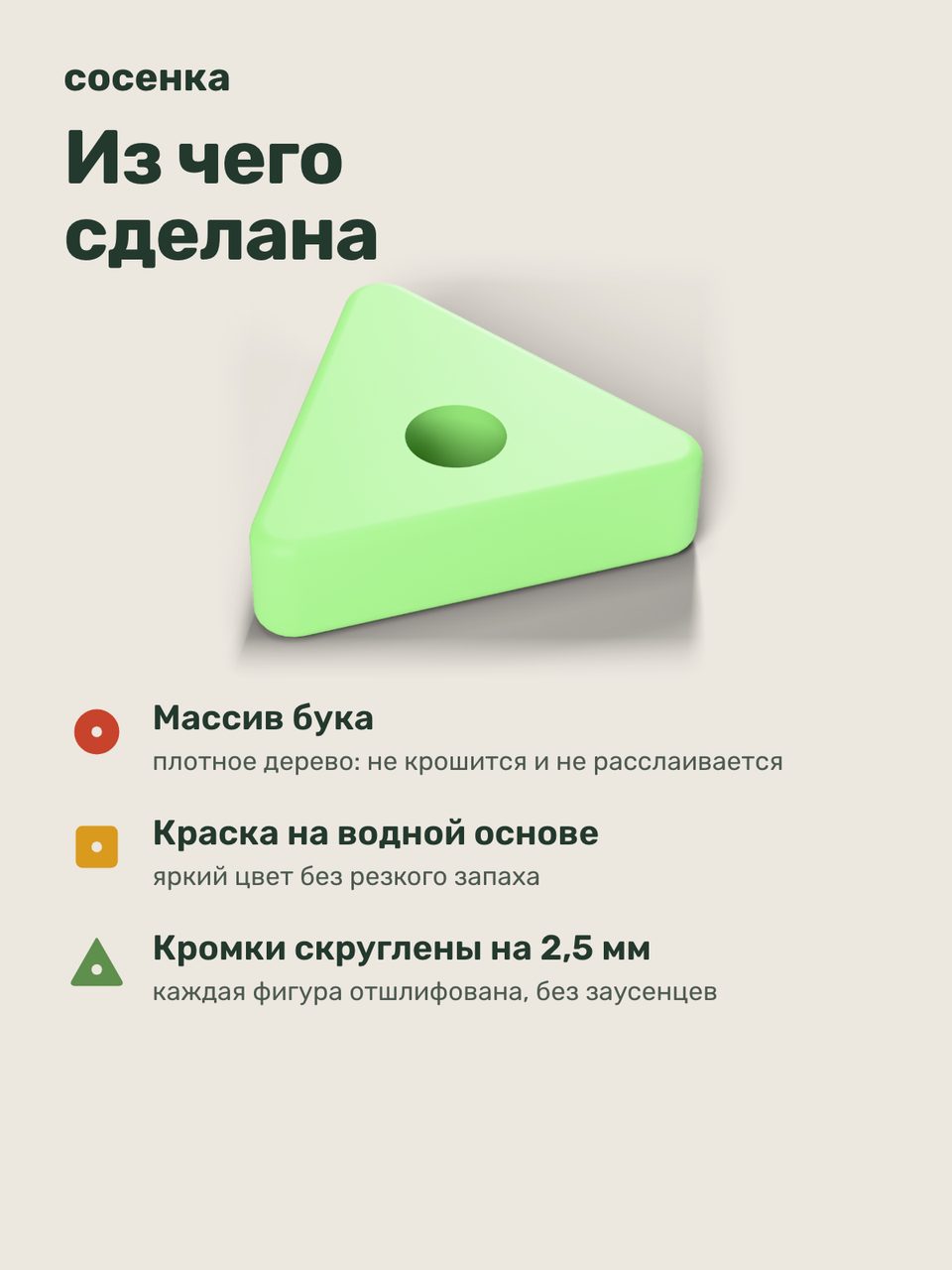 Слайд инфографики «Материалы» для товара «Сортер-пирамидка деревянный «Четыре формы», 12 фигур, от 1,5 лет». Отвечает на вопрос покупателя: Из чего сделана?