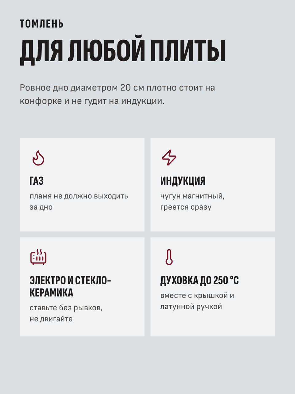 Слайд инфографики «Плиты» для товара «Кастрюля-кокотница чугунная эмалированная с крышкой, 2,8 л, 24 см». Отвечает на вопрос покупателя: Подойдёт к моей плите?