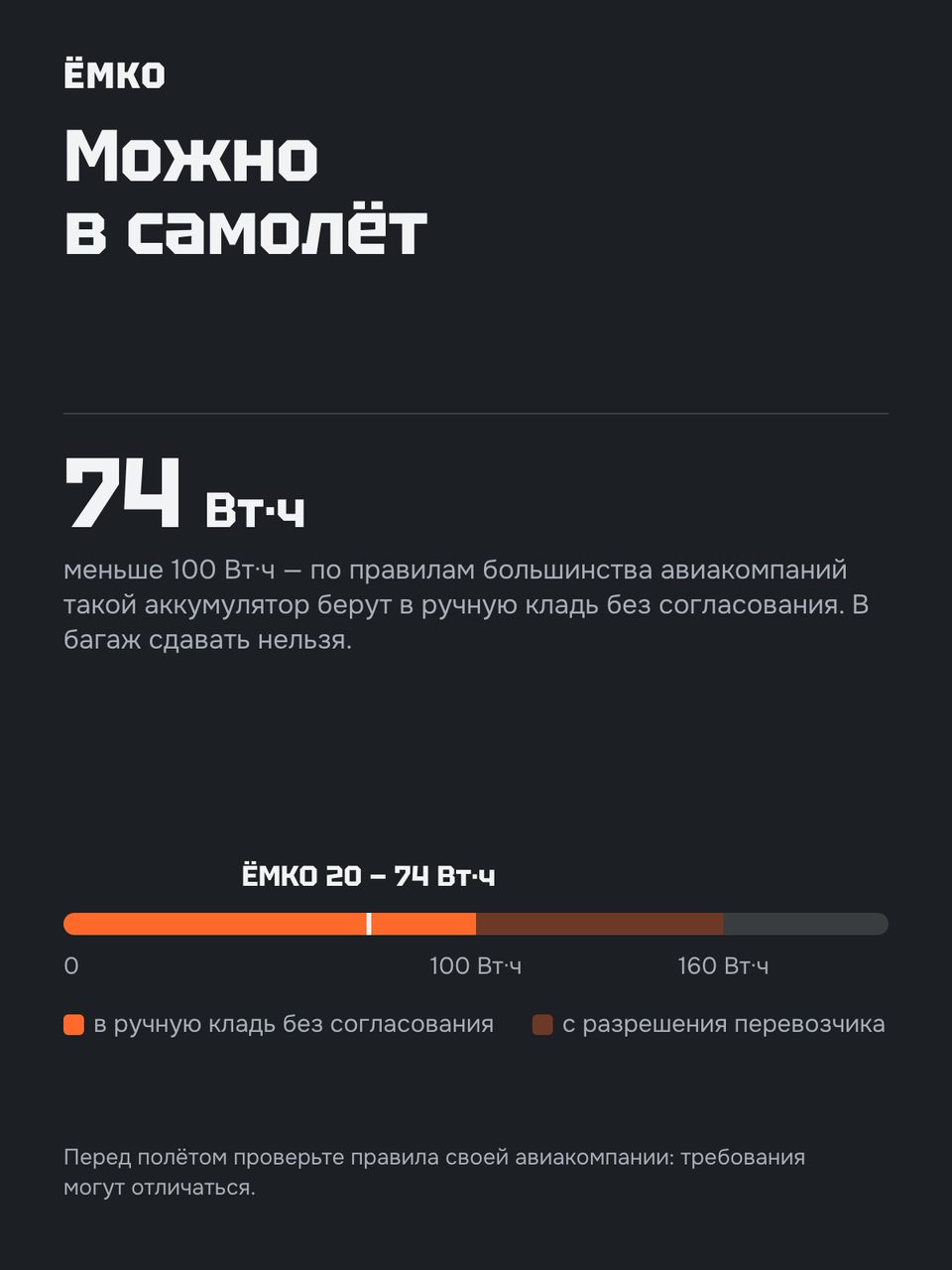 Слайд инфографики «В самолёт» для товара «Внешний аккумулятор 20 000 мА·ч, 65 Вт, 2 × USB-C + USB-A, дисплей». Отвечает на вопрос покупателя: Можно ли в самолёт?