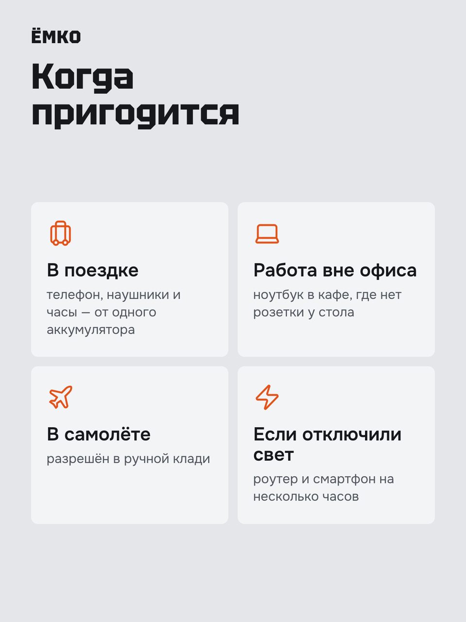 Слайд инфографики «Когда пригодится» для товара «Внешний аккумулятор 20 000 мА·ч, 65 Вт, 2 × USB-C + USB-A, дисплей». Отвечает на вопрос покупателя: Когда пригодится?